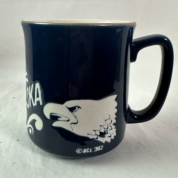VTG 1982 Alaska ACE Dark Blue Ceramic Etched Moose Eagle Small Coffee Mug Cup - Picture 3 of 7
